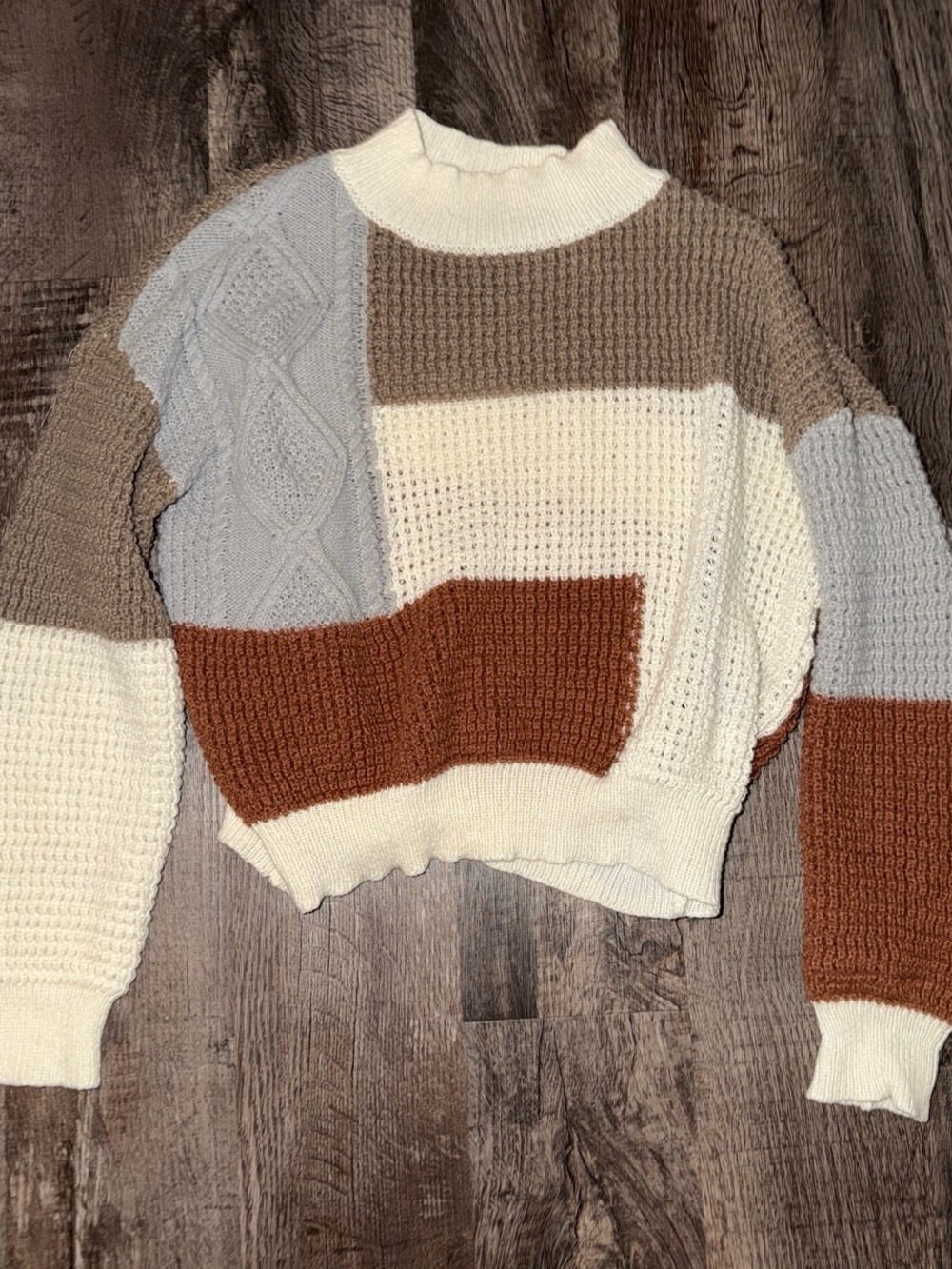 SHEIN Colorblock Crewneck Sweater in Cream, Taupe, Light Gray & Rust